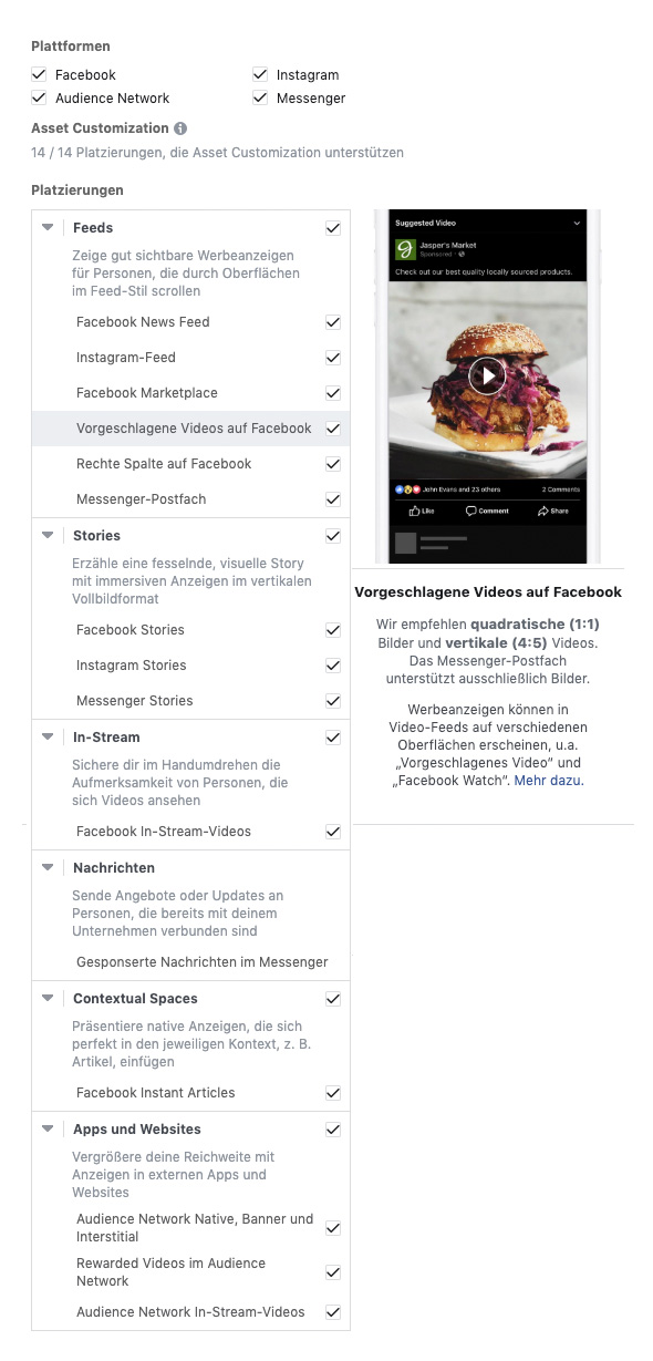 Screenshot der aktuellen Facebook-Platzierungen
